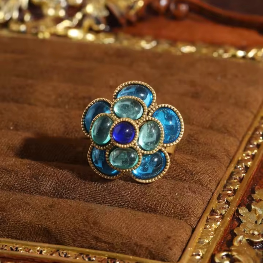 Sapphire Camellia Dream Handcrafted Opulent Masterpiece Antique Brass Ring